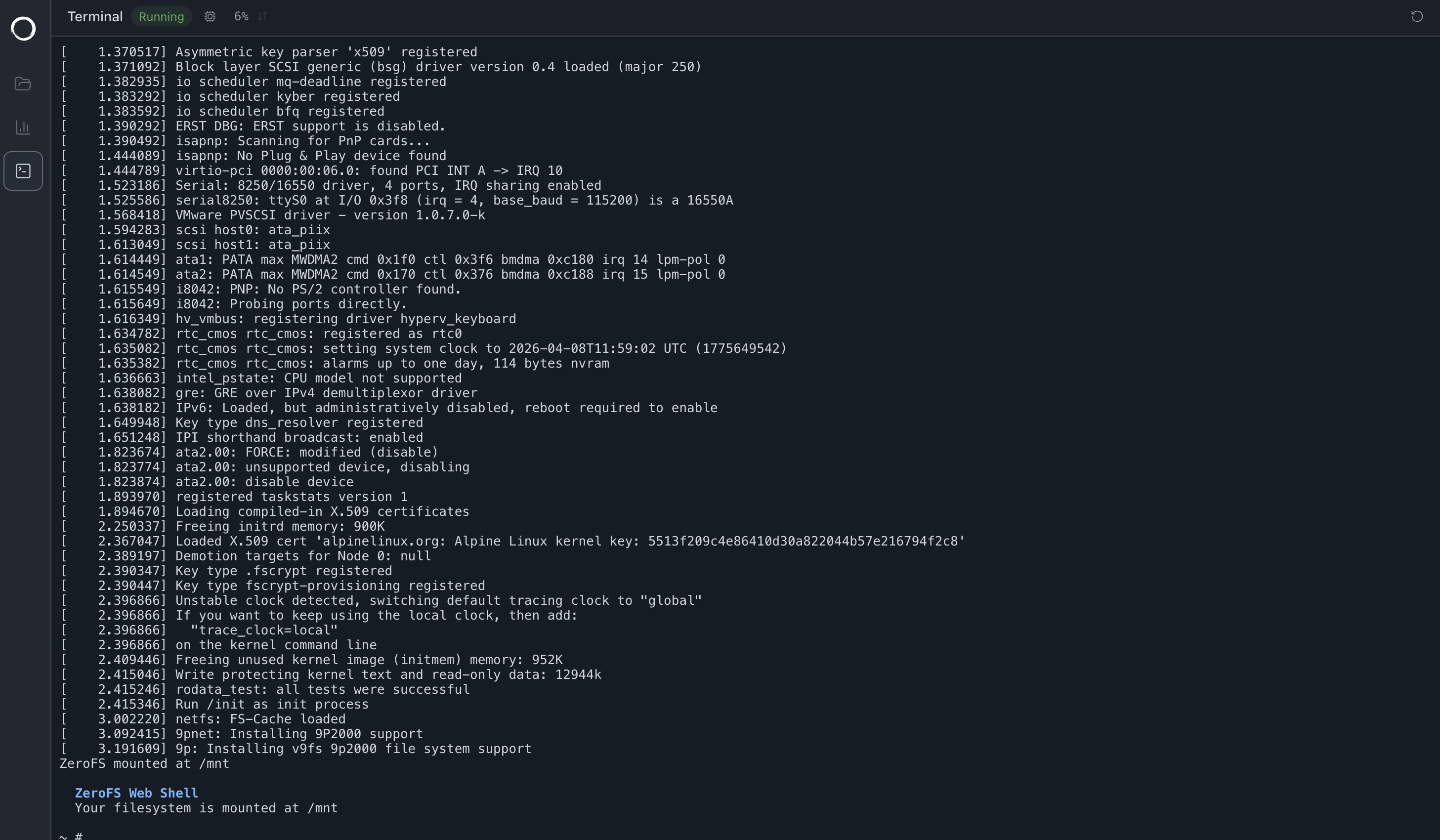 Linux VM booting in the browser with its root filesystem mounted from ZeroFS